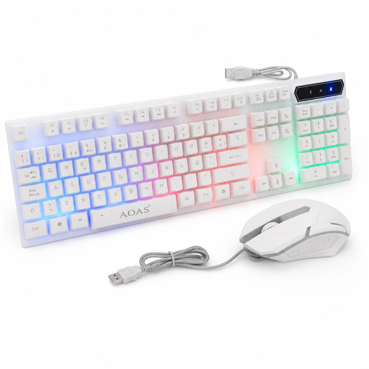 Vista diagonal del teclado completo y mouse cableado AOAS M-400.