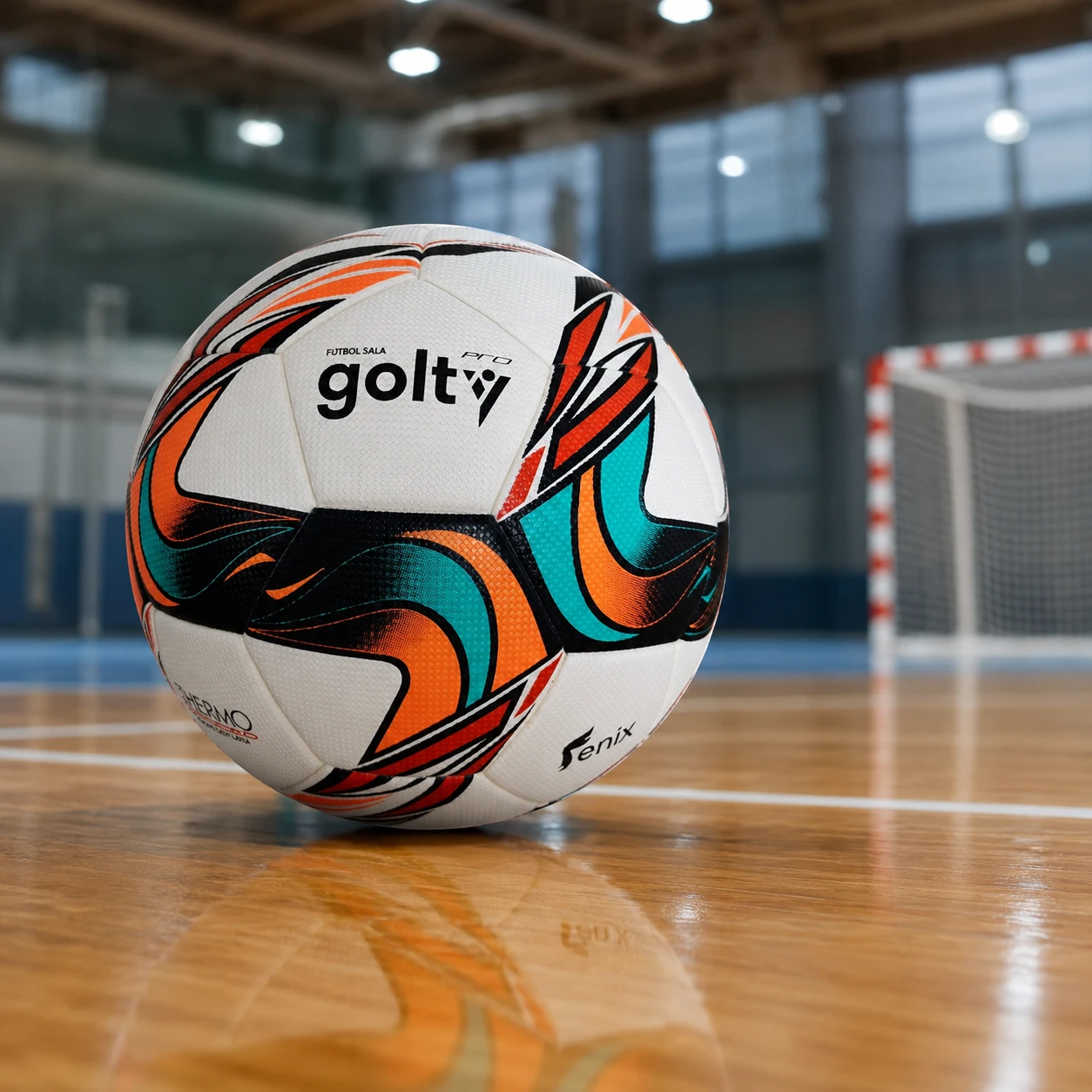 Balón de futsal Golty Fénix Thermobonded sobre cancha cubierta.
