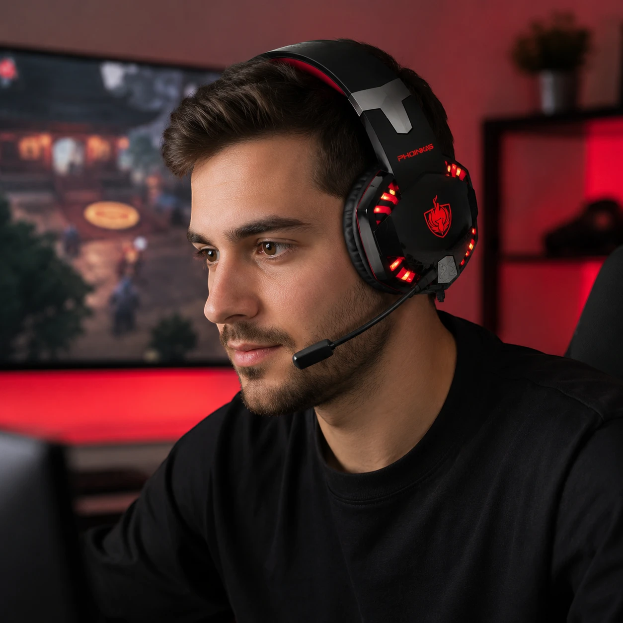 Hombre adulto usando diadema gamer G2000-BT roja con micrófono