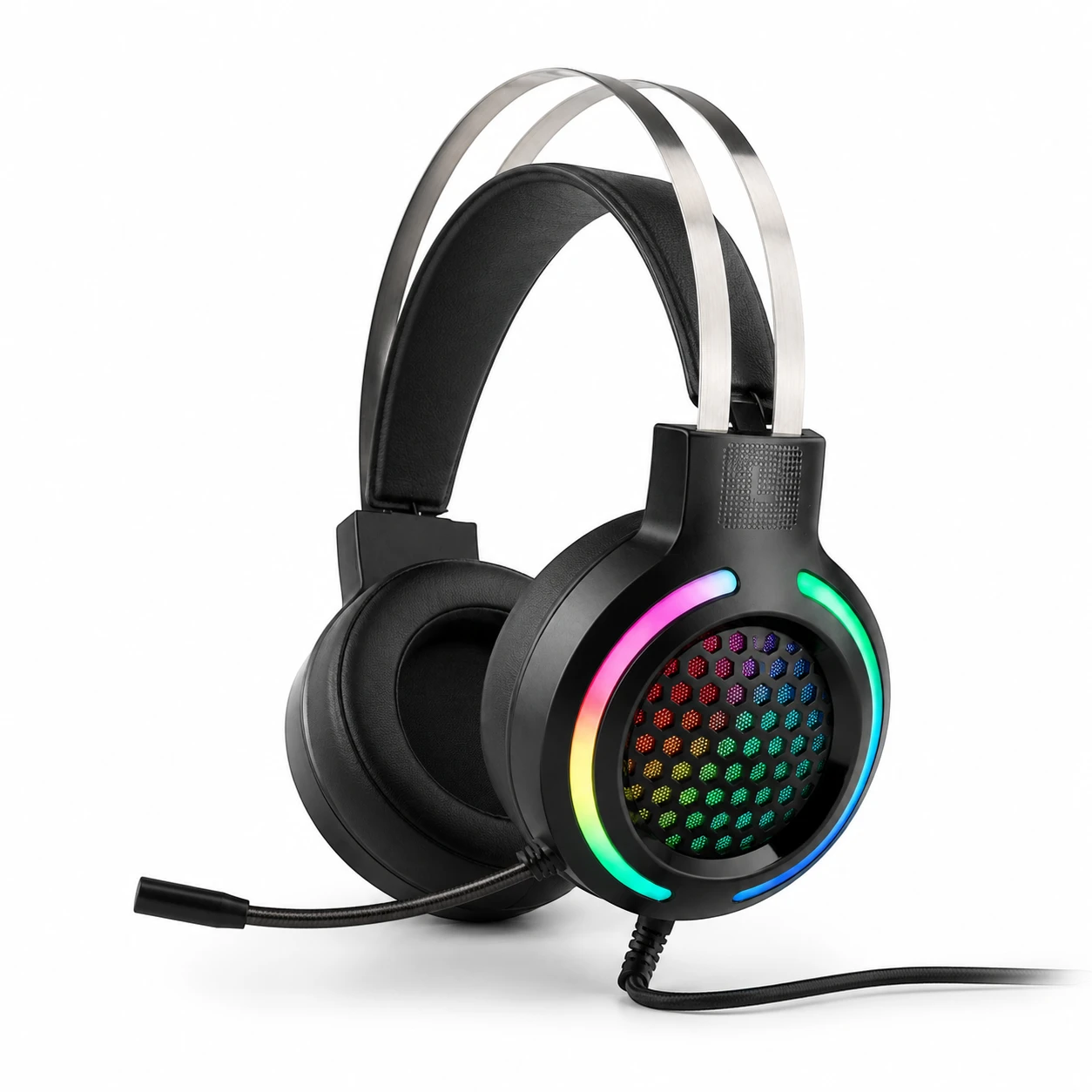 Diadema Gamer Jaltech M12 RGB negra con micrófono sobre fondo blanco