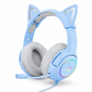 Diadema Gamer Onikuma K9 azul con orejas de gato, iluminación RGB y micrófono