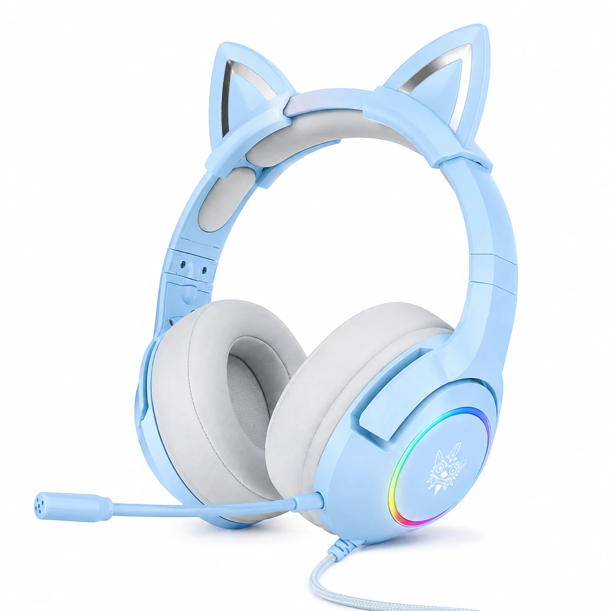 Diadema Gamer Onikuma K9 azul vista lateral con almohadillas grises y luces RGB