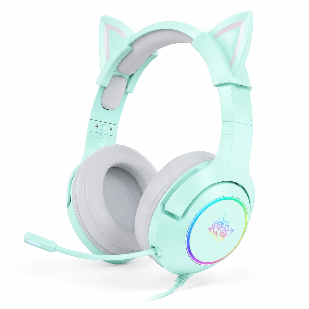 Diadema Gamer Onikuma K9 verde menta con orejas de gato, micrófono e iluminación RGB
