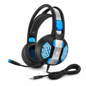 Diadema gamer Phoinikas H-100 con micrófono y luces azules sobre fondo blanco.
