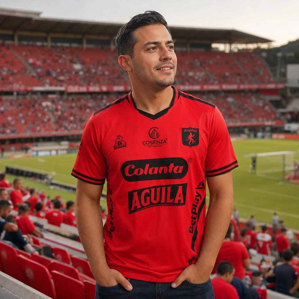 Hombre usando camiseta América de Cali roja con detalles negros en un estadio