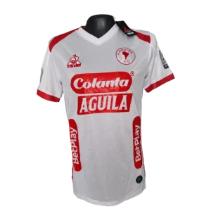 Camiseta América de Cali blanca para hombre talla L con patrocinadores Colanta y Águila, diseño deportivo oficial estilo hincha.