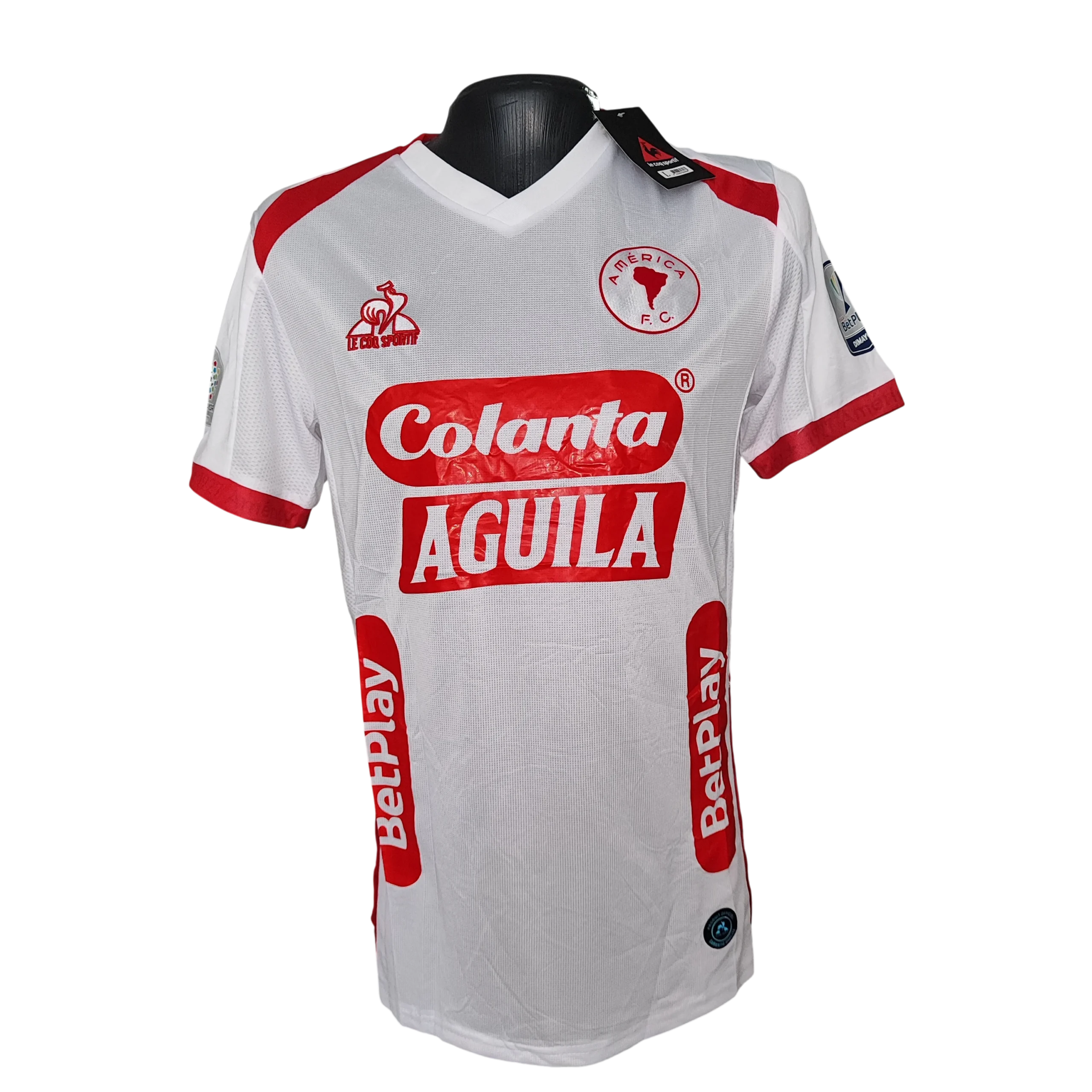 Camiseta América de Cali blanca para hombre talla L con patrocinadores Colanta y Águila, diseño deportivo oficial estilo hincha.