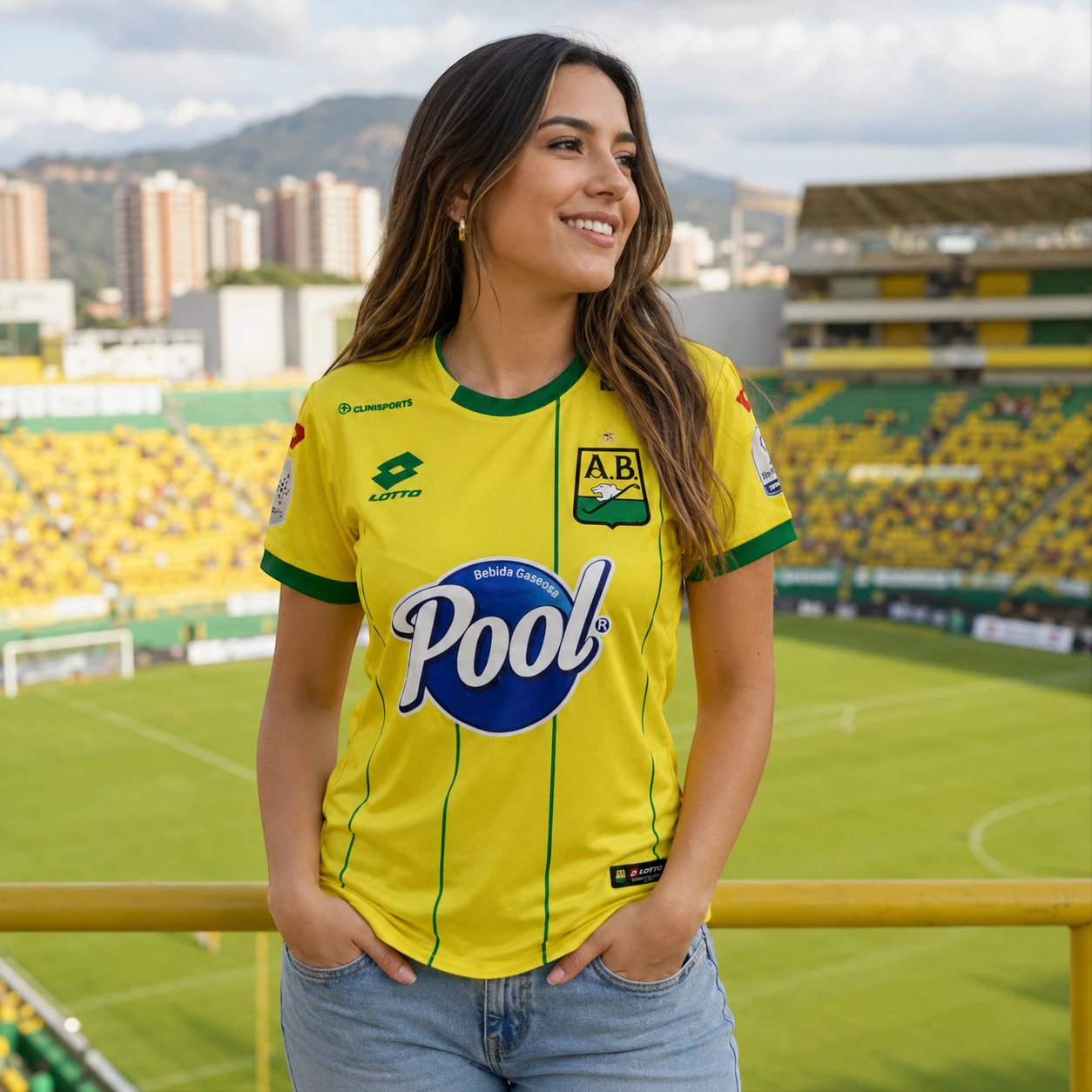 Mujer usando camiseta Atlético Bucaramanga amarilla en un estadio de fútbol