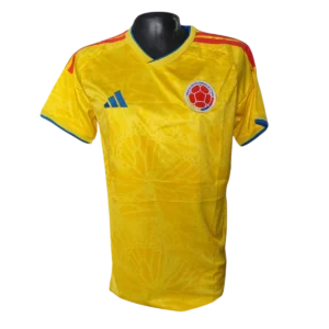 Camiseta Colombia bordada amarilla para hombre con detalles en azul y rojo, diseño premium inspirado en la pasión futbolera colombiana.