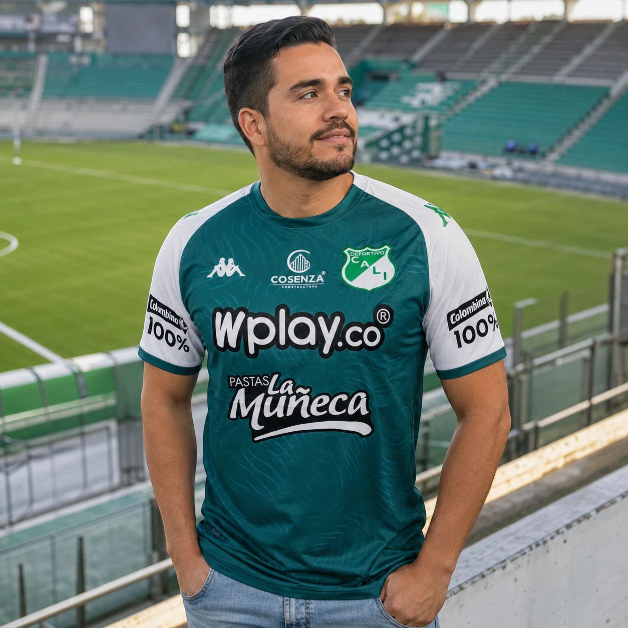 Hombre usando camiseta Deportivo Cali verde en un estadio de fútbol
