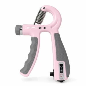 Ejercitador de mano ajustable de 5 a 60 kg rosado y gris con contador mecánico