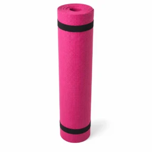 Estera de yoga Miyagi TPE de 6 mm color fucsia enrollada con cinta negra de sujeción