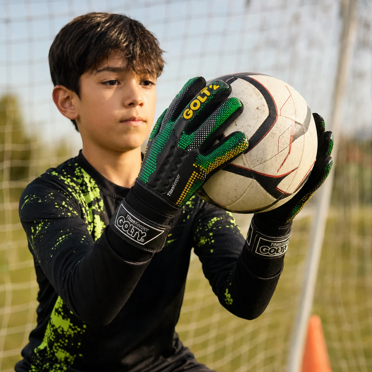 Joven portero atrapando un balón con guantes Golty Titan Keeper talla 5 negros y verdes
