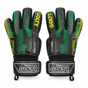 Par de guantes de arquero Golty Titan Keeper talla 5 negros y verdes en vista fronta