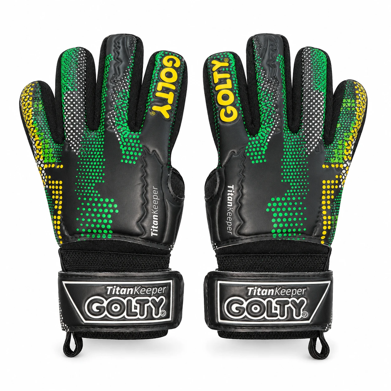 Par de guantes de arquero Golty Titan Keeper talla 5 negros y verdes en vista fronta