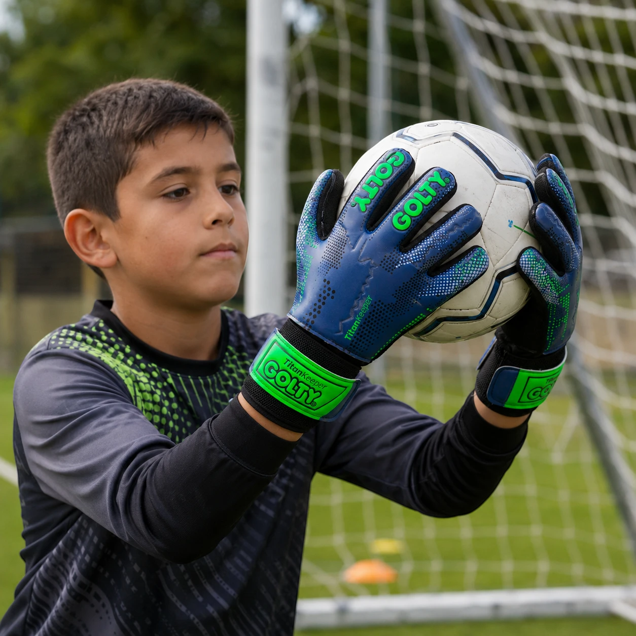 Joven portero atrapando un balón con guantes Golty Titan Keeper talla 6 azules y verdes