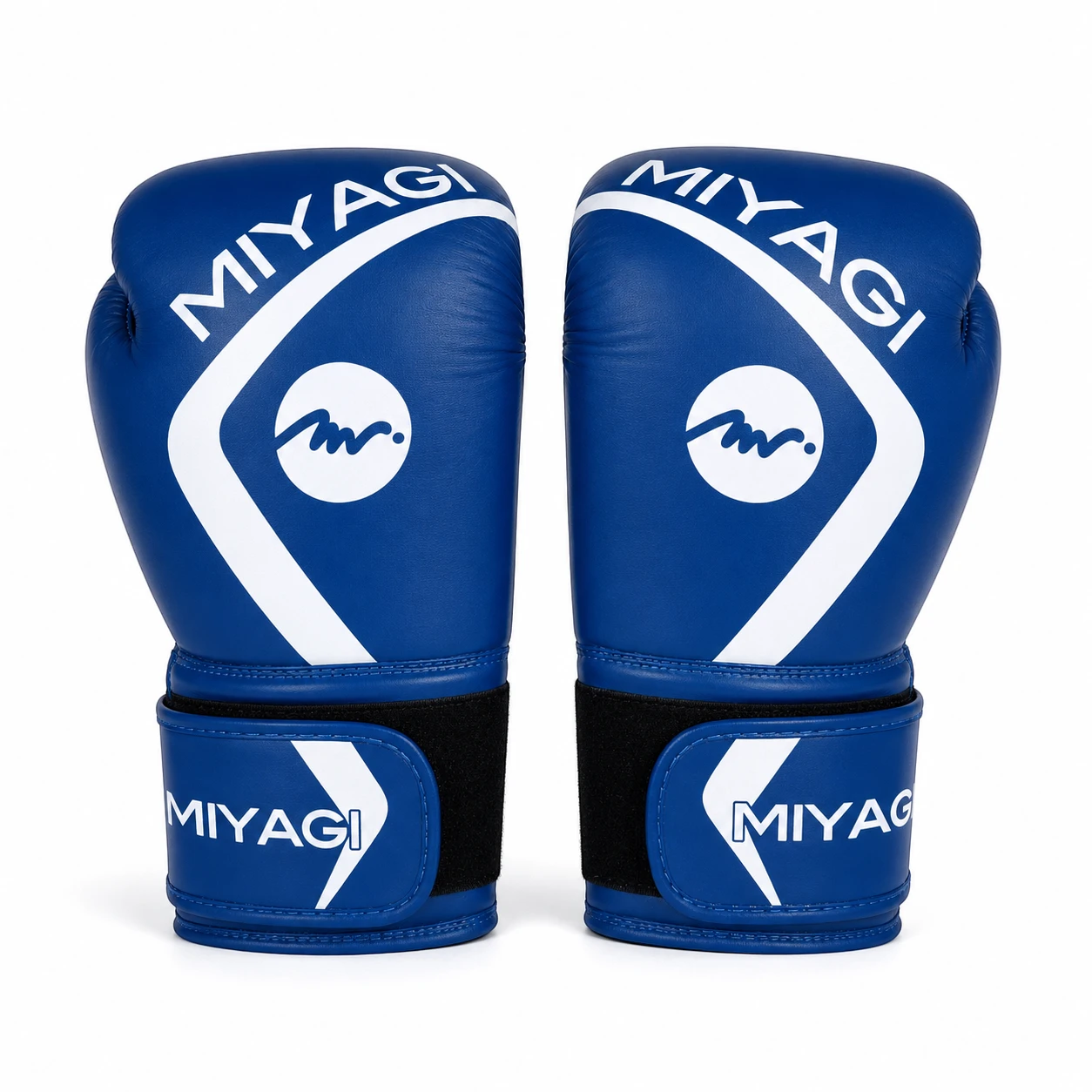 Par de guantes de boxeo Miyagi 14 oz azul y blanco, vista frontal