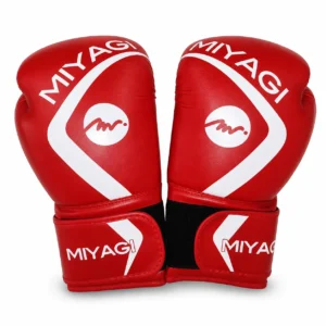 Par de guantes de boxeo Miyagi 14 oz rojos y blancos en vista frontal