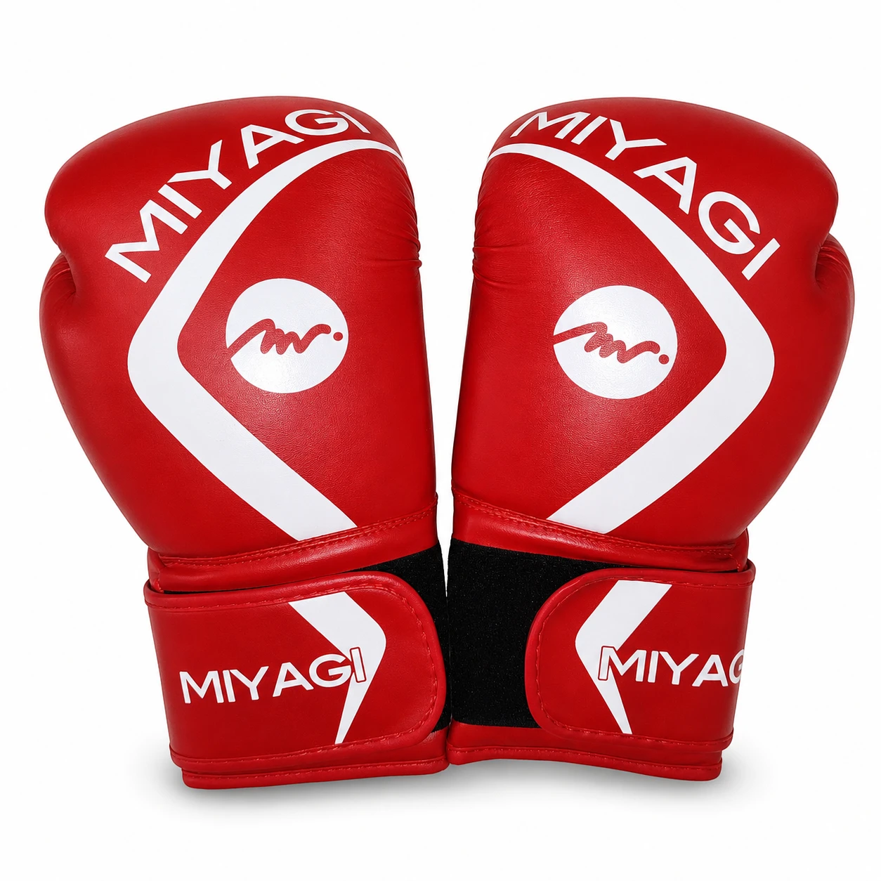 Par de guantes de boxeo Miyagi 14 oz rojos y blancos en vista frontal