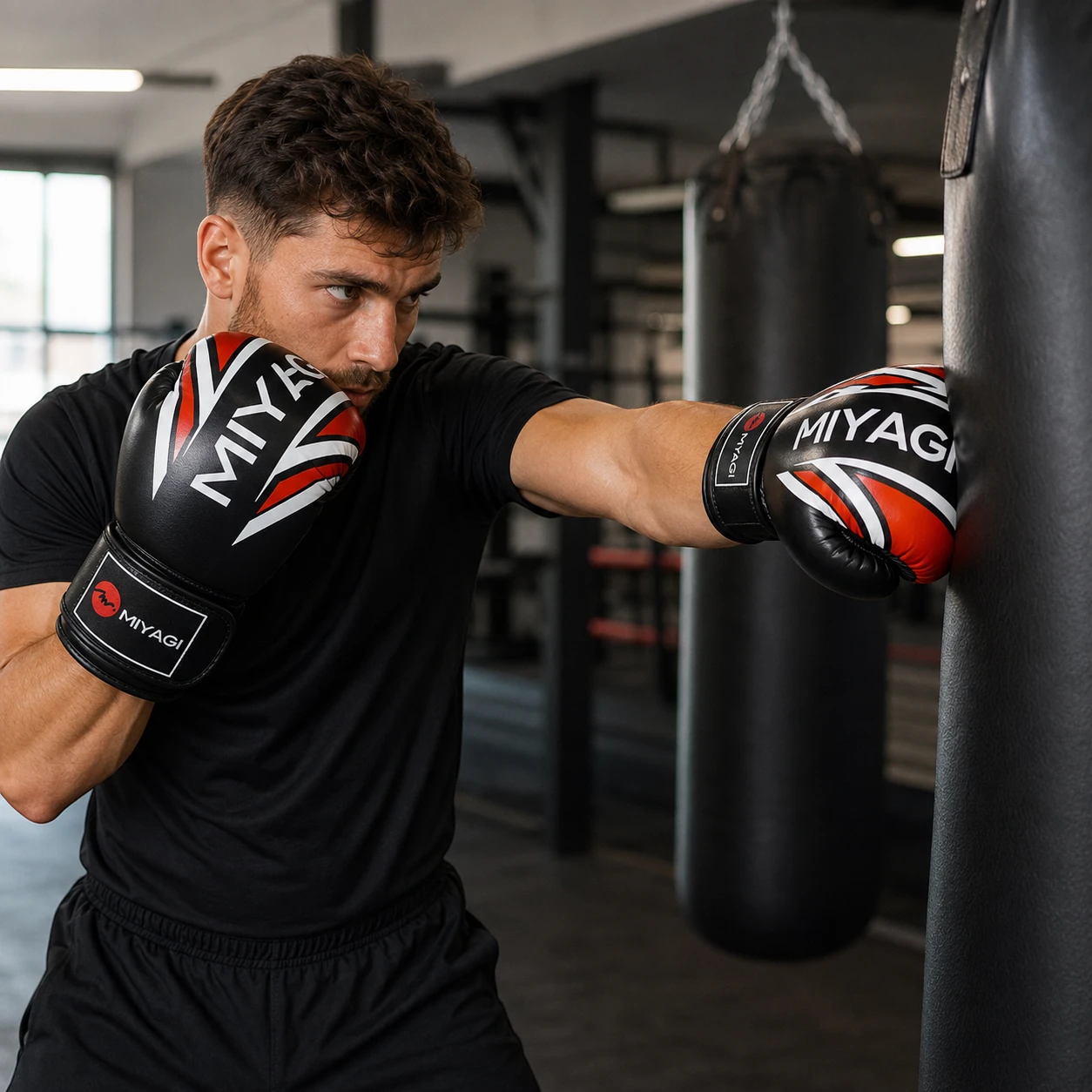 Deportista entrenando con guantes de boxeo Miyagi Print 2 de 12 oz