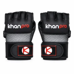 Guantes MMA Khanpro talla L en PU negro y gris vistos de frente