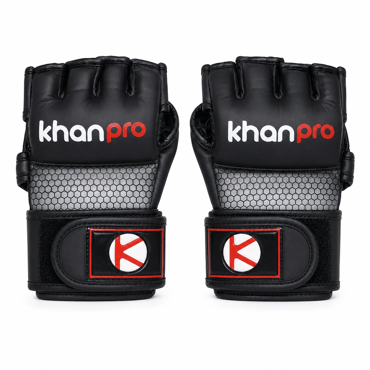 Guantes MMA Khanpro talla L en PU negro y gris vistos de frente