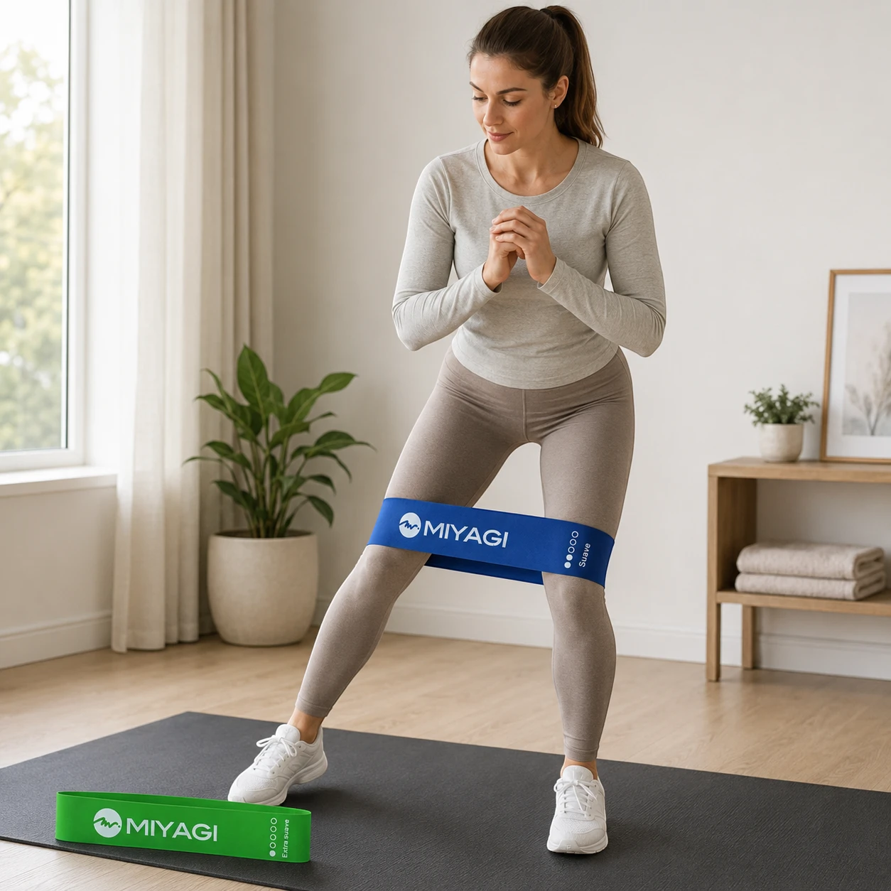 Mujer realizando ejercicio lateral con banda plana azul Miyagi MLB001-2