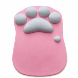 Mouse pad ergonómico huella de gato rosado con relieves grises sobre fondo blanco.