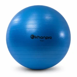 Pelota de pilates Khanpro azul de 75 cm vista de frente sobre fondo blanco
